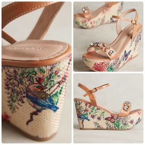 Raphaella Booz Anthropologie bird Floral wedges w/ jeweled embellishment